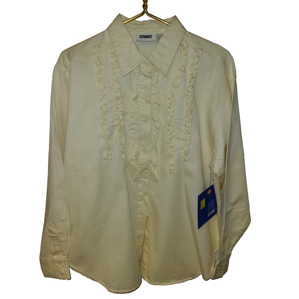 VTG NWT 90s GITANO Western Ruffle‎ Trim Collar Yellow Button Up Womens Lg Folk